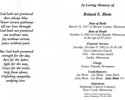 Roland Blom's Funeral Card
