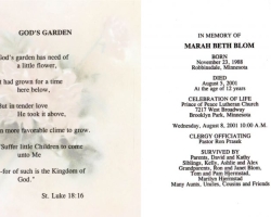 Marah's Funeral Card